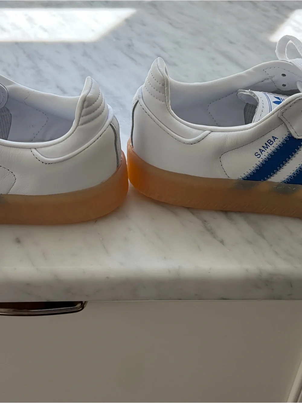 Adidas SambaWhite & Blue Leather Suede Sneakers with Gum Sole - Picture 3 of 4